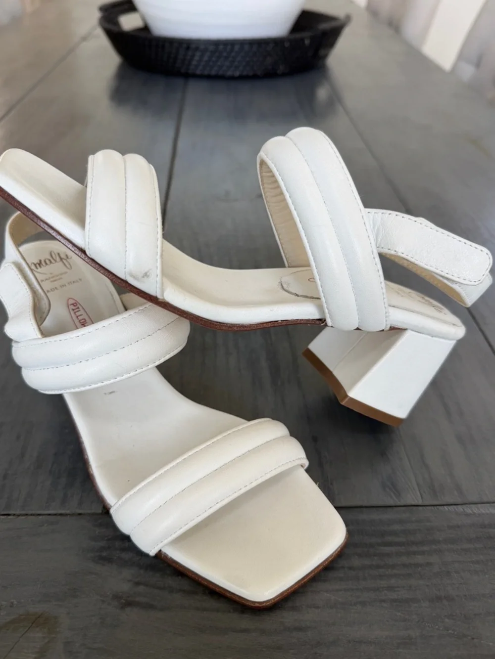 Amalfi by Rangoni Firenze Pillow Feel White Leather Block Heel Sandals